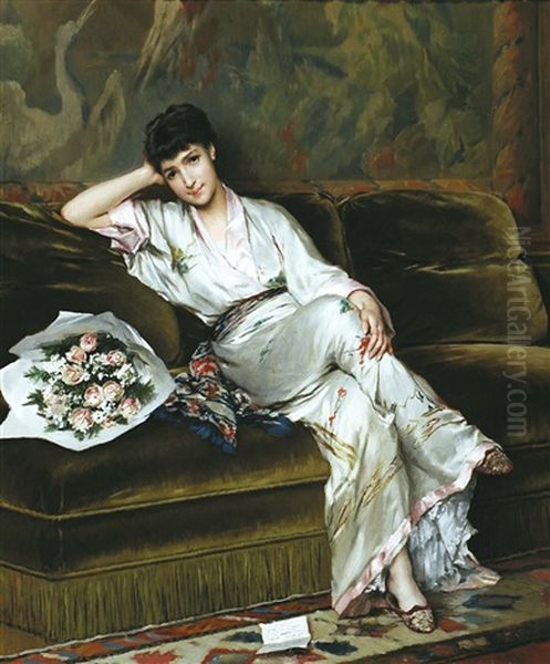 Vrouw In Kimono Met Rozenboeket Oil Painting by Gustave Leonhard de Jonghe