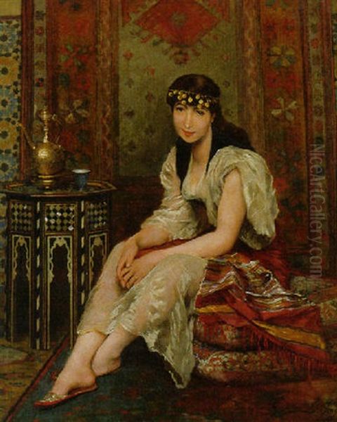 A Seated Oriental Beauty Oil Painting by Gustave Leonhard de Jonghe