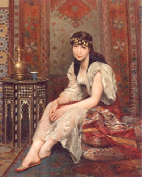 A Seated Oriental Beauty Oil Painting by Gustave Leonhard de Jonghe