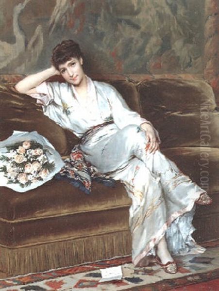 Young Woman In A Japanese Interior Oil Painting by Gustave Leonhard de Jonghe