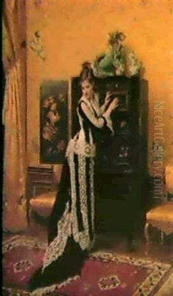 Interior Med Kvinna Oil Painting by Gustave Leonhard de Jonghe