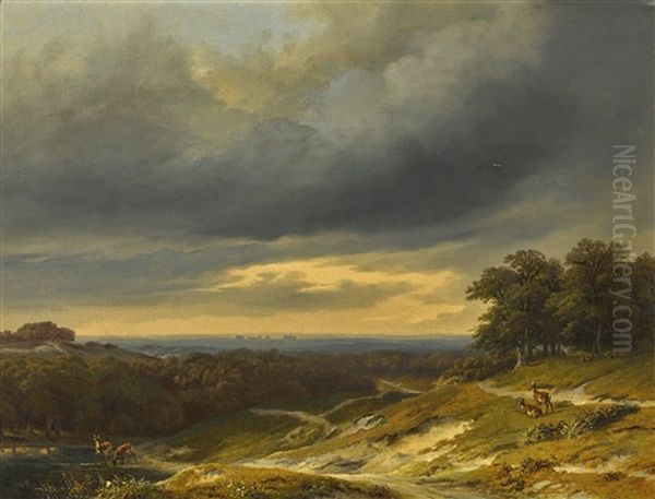 View In Windsor Great Park With Deer Watering In The Foreground Oil Painting by Jean-Baptiste de Jonghe