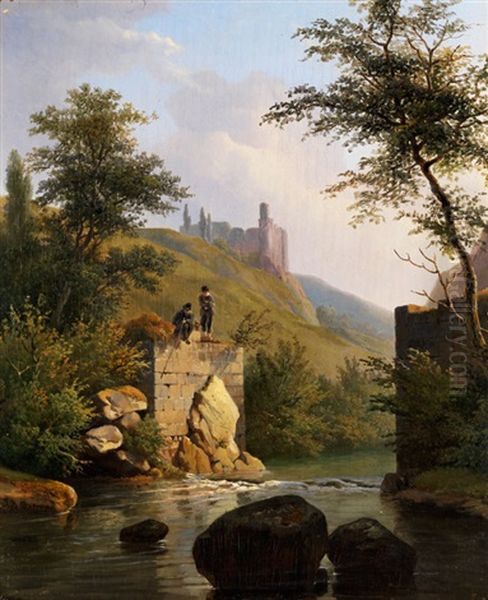 Blick Auf Eine Flusslandschaft Mit Castell Und Staffagefiguren Oil Painting by Jean-Baptiste de Jonghe