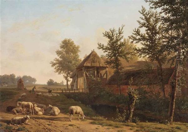 A Landscape With A Shepherd And His Flock On A Country-road Near A Farmhouse Oil Painting by Jean-Baptiste de Jonghe