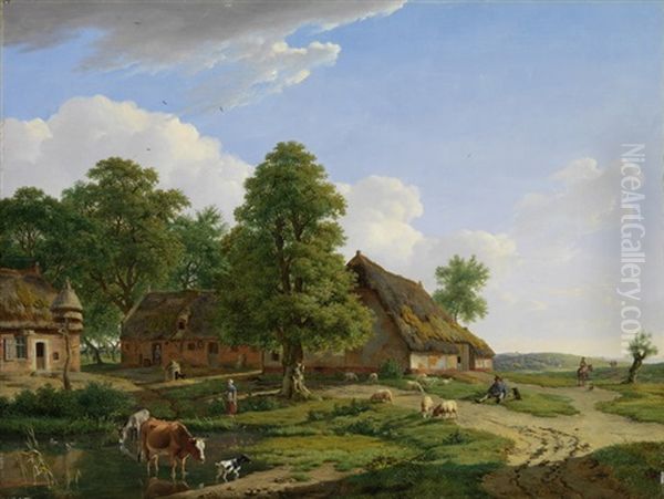 Sommerliche Landschaft Mit Weg, Gehoften, Hirten, Esel Und Kuhen Und Hund Oil Painting by Jean-Baptiste de Jonghe