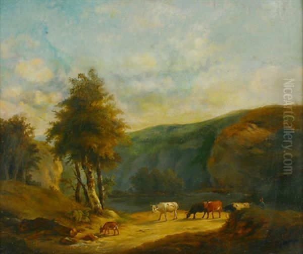 Landschaft Mit Bergsee Und Hirtenstaffage Oil Painting by Jean-Baptiste de Jonghe