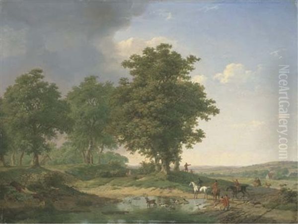 Hallali A L'etang (in Collab. W/eugene Joseph Verboeckhoven) Oil Painting by Jean-Baptiste de Jonghe