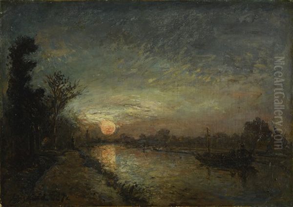 Le Canal Au Coucher Du Soleil, Hollande Oil Painting by Johan Barthold Jongkind