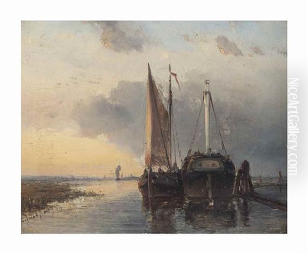 Moured Vessels At Sunset Oil Painting by Johan Barthold Jongkind