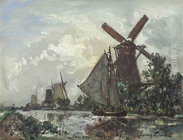 Moulins Au Bord D'un Canal, Hollande Oil Painting by Johan Barthold Jongkind