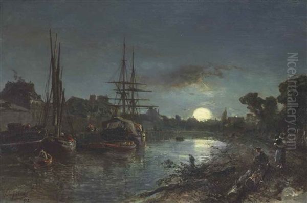 Claire De Lune Aux Environs De Paris Oil Painting by Johan Barthold Jongkind