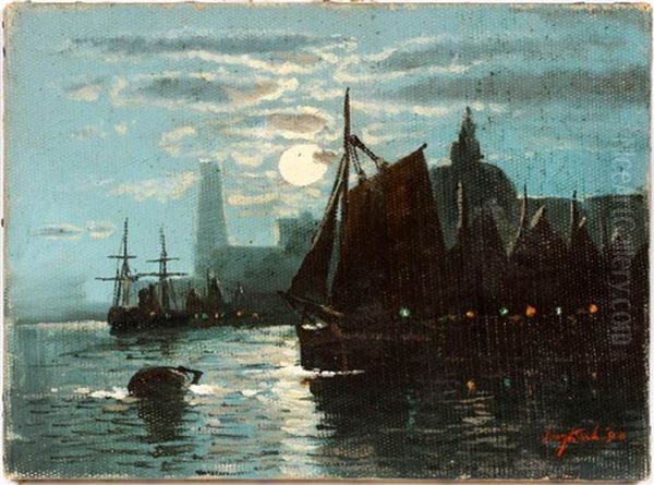 Ships In Moonlight Harbor Oil Painting by Johan Barthold Jongkind