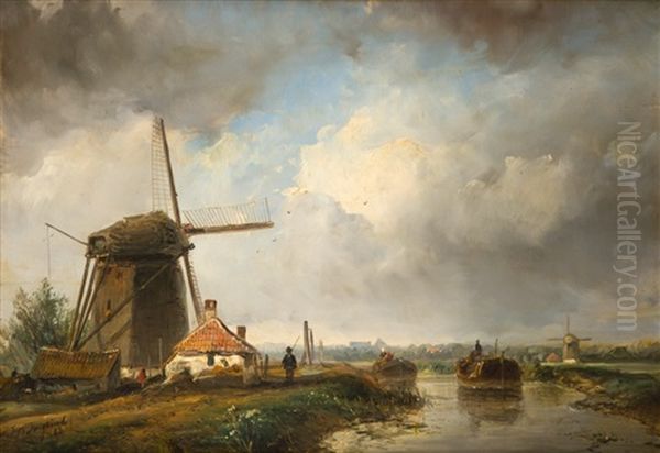 Moulins Et Barques En Hollande, 1846 Oil Painting by Johan Barthold Jongkind