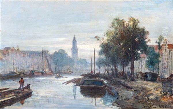 View On The Oude Schans With The Montelbaanstower In Amsterdam Oil Painting by Johan Barthold Jongkind