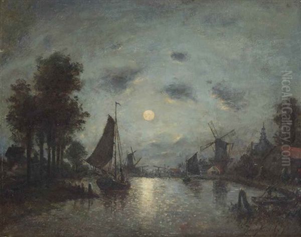 A Sailing Vessel In A Dutch Estuary By Night Oil Painting by Johan Barthold Jongkind