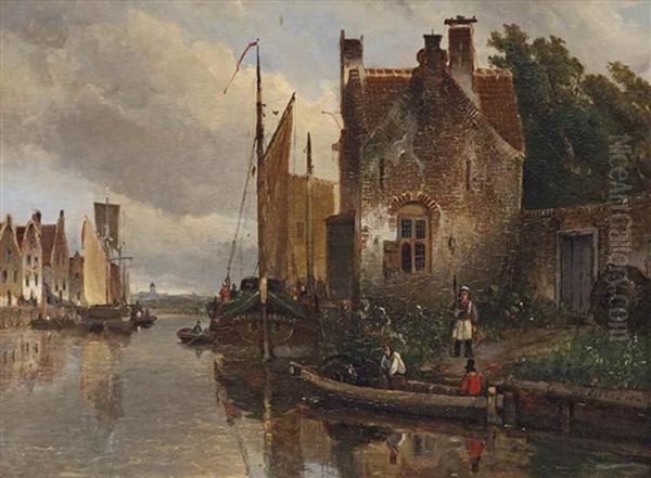 Bateau Amarres, Hollande: Moored Boats Along A Village Quay Oil Painting by Johan Barthold Jongkind