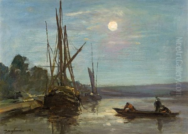 Fishing Boats By Moonlight Oil Painting by Johan Barthold Jongkind