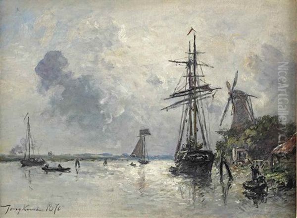 Le Riviere Le Merwede, Dordrecht, Hollande: Bateaux Sur La Meuse A Dordrecht Oil Painting by Johan Barthold Jongkind