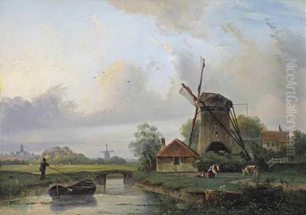 A River Landscape With Figures Near A Windmill Oil Painting by Johan Barthold Jongkind