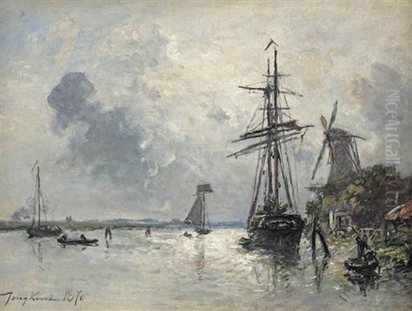 Le Riviere Le Merwede, Dordrecht, Hollande: Bateaux Sur La Meuse A Dordrecht Oil Painting by Johan Barthold Jongkind