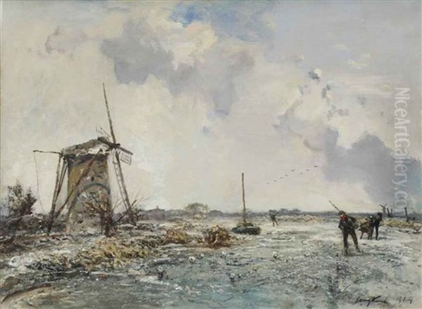 Patineurs Pres D'un Moulin, Hollande Oil Painting by Johan Barthold Jongkind