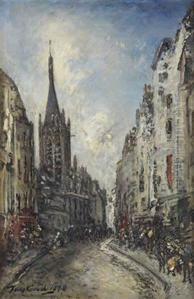 La Rue Saint-jacques Et L'eglise Saint-severin, Paris Oil Painting by Johan Barthold Jongkind