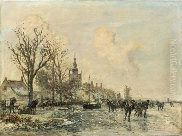 Patineurs A Overschie Oil Painting by Johan Barthold Jongkind