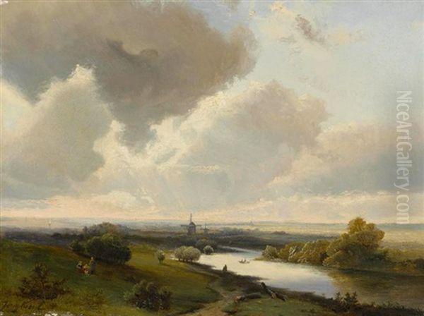 Weite Landschaft Mit Figuren Und Muhle Oil Painting by Johan Barthold Jongkind