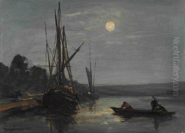 Kanallandschaft Mit Segelbooten Im Mondlicht Oil Painting by Johan Barthold Jongkind