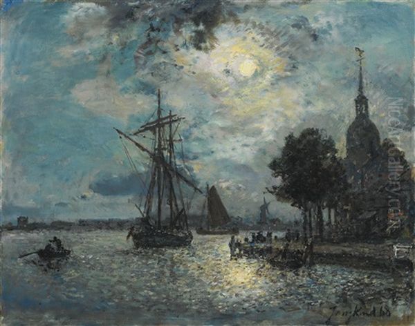 Le Port De Dordrecht Au Clair De Lune Oil Painting by Johan Barthold Jongkind