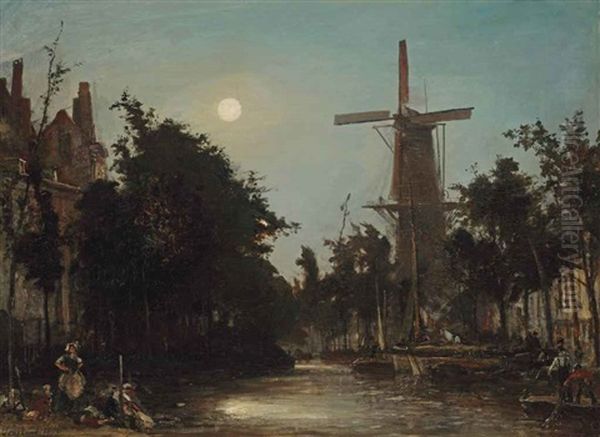 Lavandieres Au Bord Du Canal, Pres De Rotterdam Oil Painting by Johan Barthold Jongkind