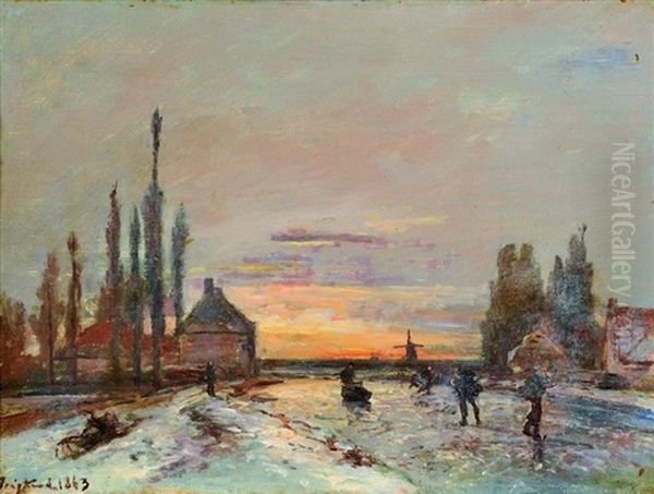 Les Patineurs Au Soleil Couchant Oil Painting by Johan Barthold Jongkind