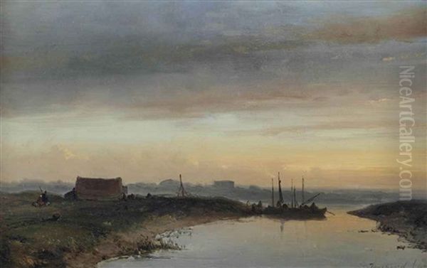 A River Landscape At Dusk Oil Painting by Johan Barthold Jongkind