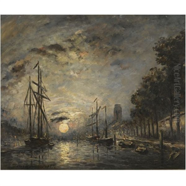 Clair De Lune Sur Un Canal, Dordrecht Oil Painting by Johan Barthold Jongkind