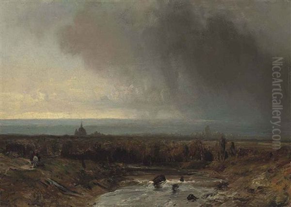 A River Landscape Beneath A Stormy Sky Oil Painting by Johan Barthold Jongkind