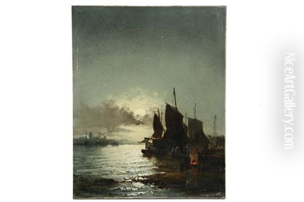 Dutch Harbor Under Full Moon Oil Painting by Johan Barthold Jongkind