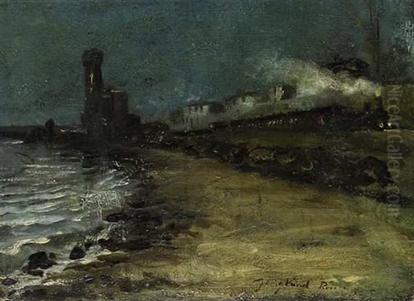 Meeresufer Mit Leuchtturm Und Fahrendem Zug Bei Nacht Oil Painting by Johan Barthold Jongkind