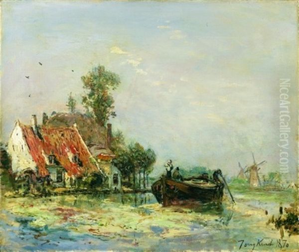 La Riviere De La Rotte, Pres Du Cimetiere De Rotterdam Oil Painting by Johan Barthold Jongkind