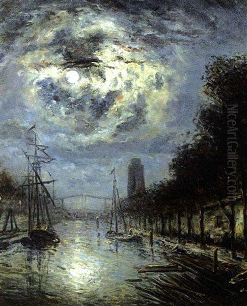 Clair De Lune En Hollande, Dordrecht Oil Painting by Johan Barthold Jongkind