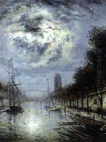 Clair De Lune Sur Le Canal, Dordrecht Oil Painting by Johan Barthold Jongkind