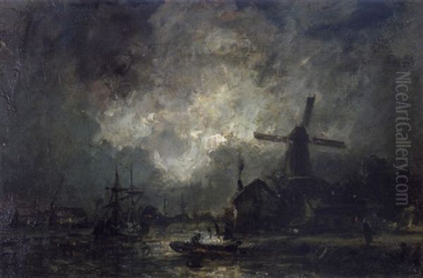 Bateaux Au Clair De Lune Dans Un Port En Hollande Oil Painting by Johan Barthold Jongkind