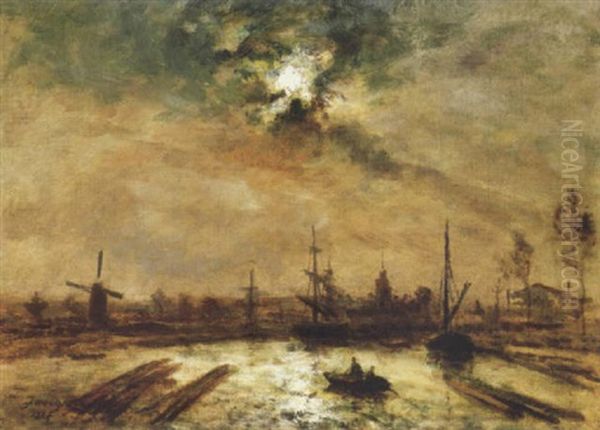 A Dutch River Landscape Oil Painting by Johan Barthold Jongkind