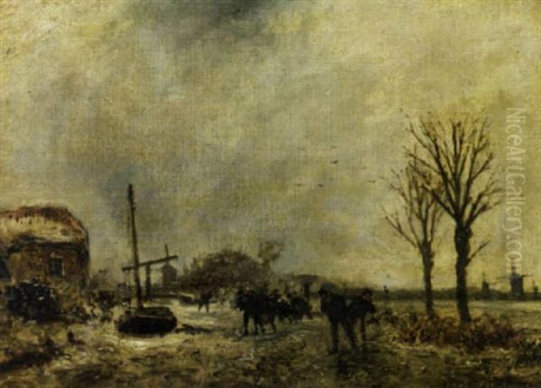 A Winter Landscape With Figures Skating Oil Painting by Johan Barthold Jongkind