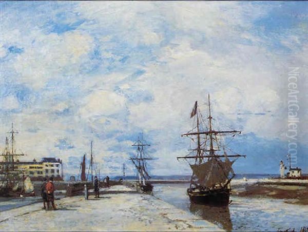 La Jetee En Bois De Honfleur Oil Painting by Johan Barthold Jongkind