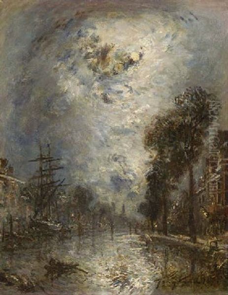 Interieur De Port A Rotterdam, Effet De Lune Oil Painting by Johan Barthold Jongkind