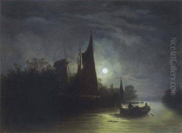 Barque Au Clair De Lune Oil Painting by Johan Barthold Jongkind