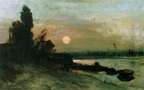 A Moonlit River Landscape Oil Painting by Johan Barthold Jongkind