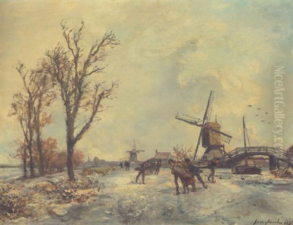 Les Trois Patineurs Au Moulin Oil Painting by Johan Barthold Jongkind