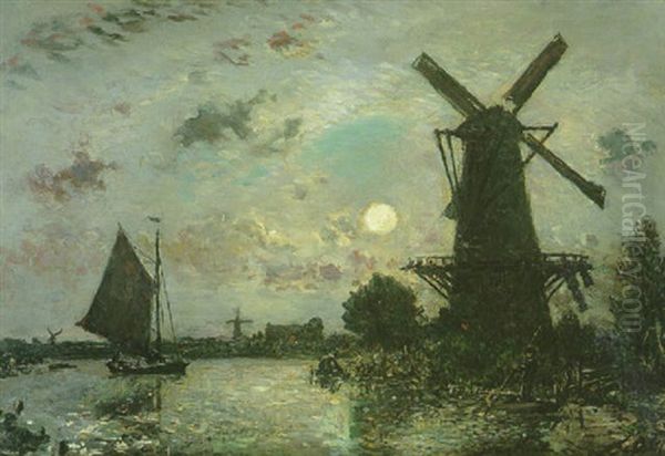 Canal Et Moulin Au Clair De Lune En Hollande Oil Painting by Johan Barthold Jongkind