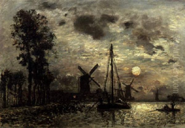 French Moonlit Harbor, Latrop (near Rotterdam) Oil Painting by Johan Barthold Jongkind